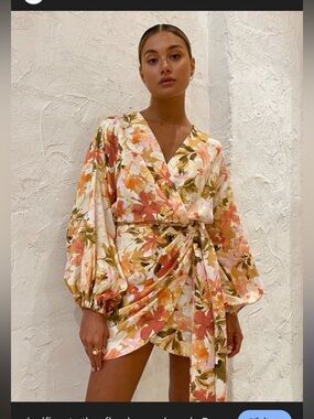 Significant Other Linen Floral Tie-Waist Mini Dress in Peach & Olive - Unbranded